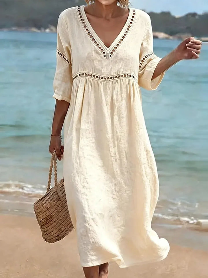 Robe Femme Coton Col V Coupe Fluide Style Décontracté Élégant