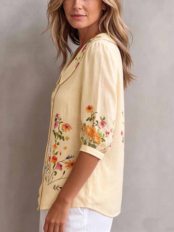 Blouse Femme Fleurie Coton Lin Style Vintage Élégant
