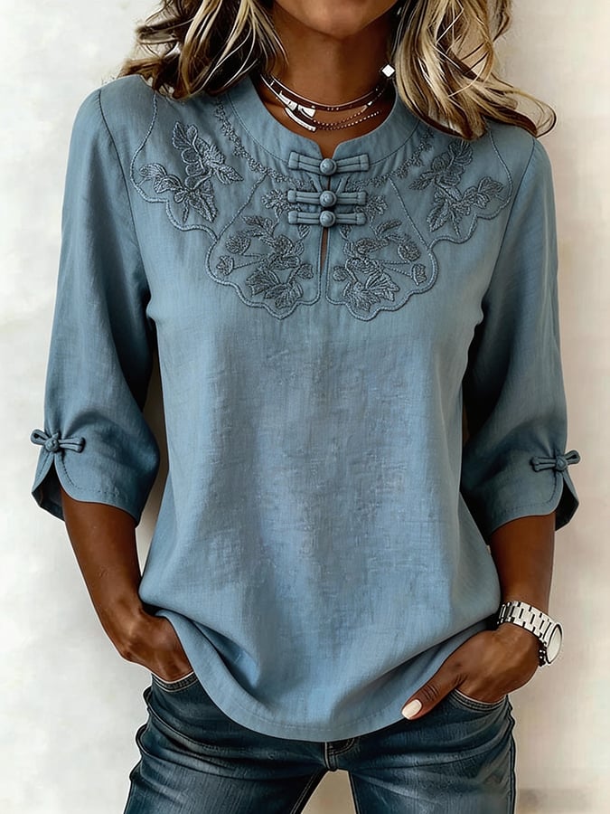 Top Femme Coton Lin Brodé Floral Col Rond Élégant Décontracté