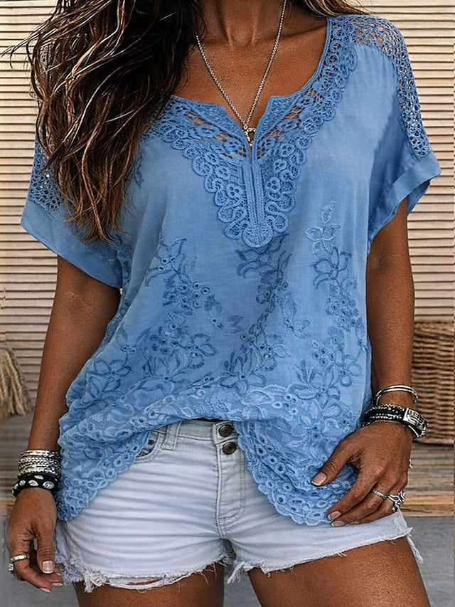 Blouse femme brodée avec dentelle florale et coupe fluide
