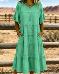 Robe femme midi en coton et lin avec volants délicats