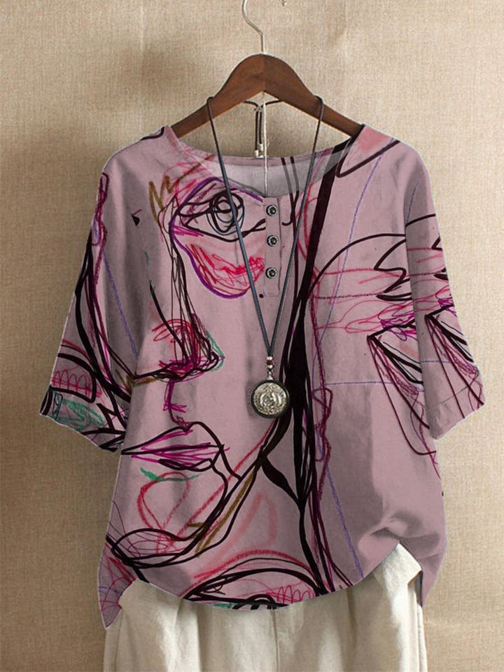 T-shirt Femme Artistique Imprimé à Col Rond et Manches 3/4