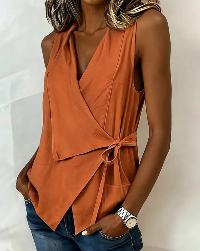 Haut Femme Asymétrique Sans Manches Effet Enveloppé Élégant