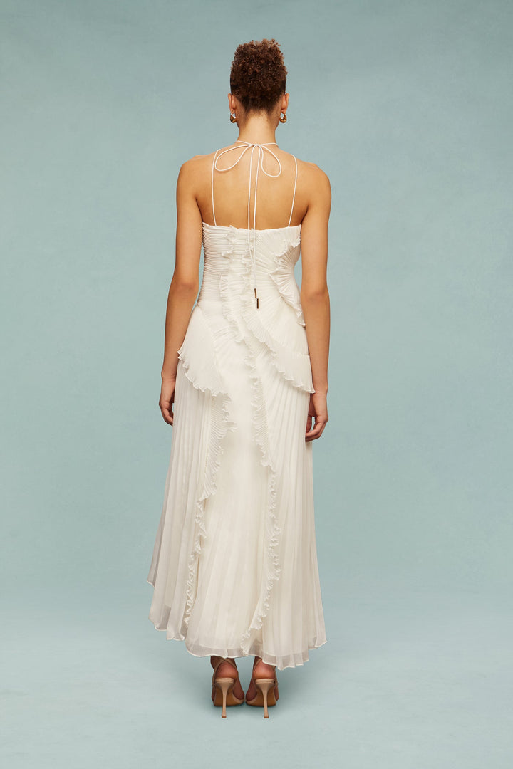 Robe Longue Plissée Femme avec Volants Asymétriques Élégants