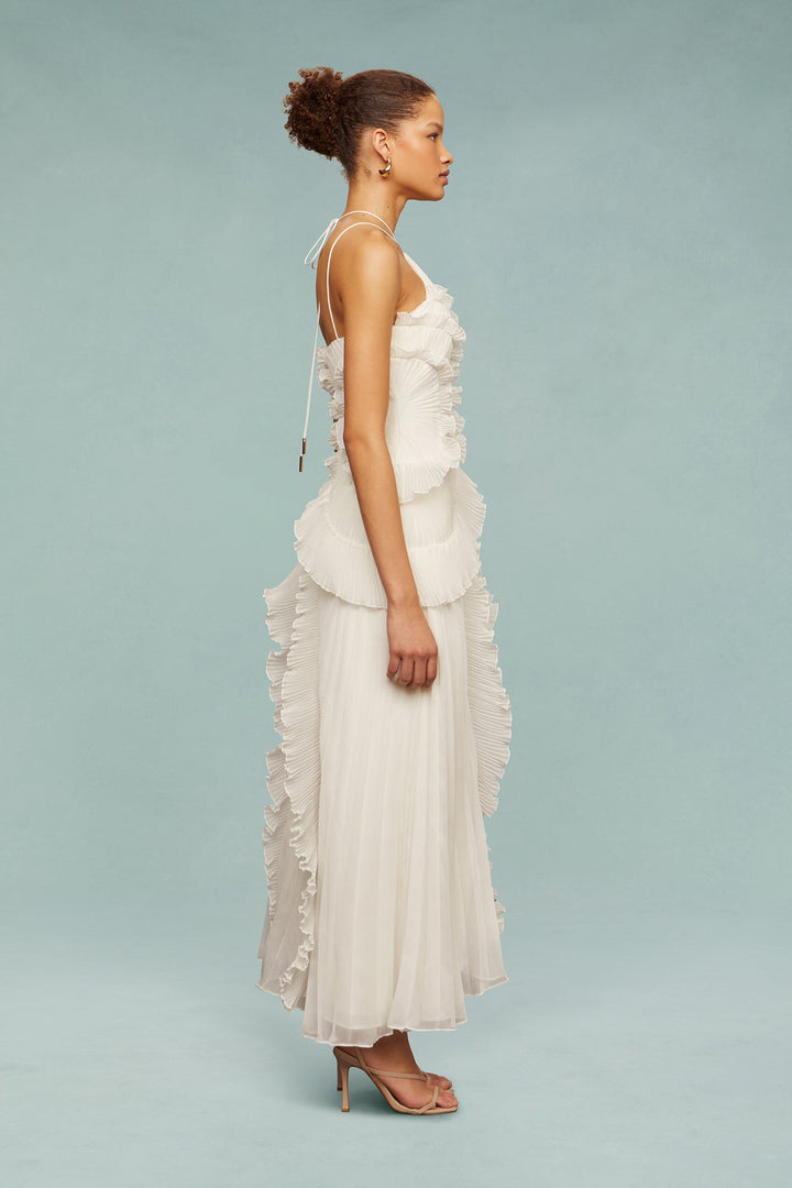 Robe Longue Plissée Femme avec Volants Asymétriques Élégants