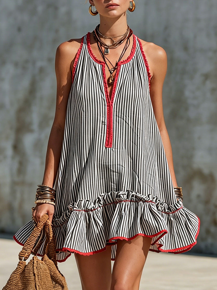 Robe mini femme rayée à col halter avec volants