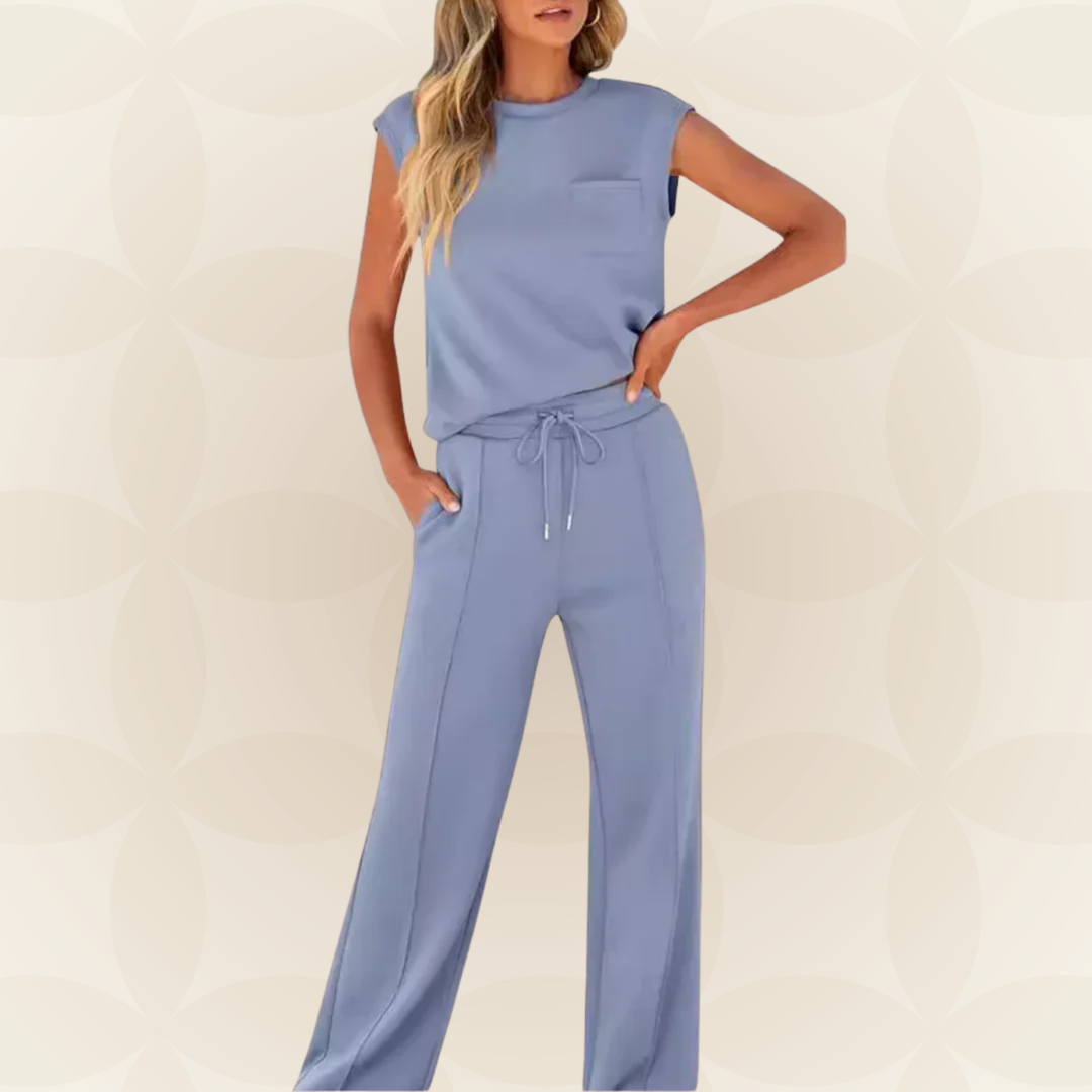Ensemble femme élégant avec top sans manches et pantalon large fluide