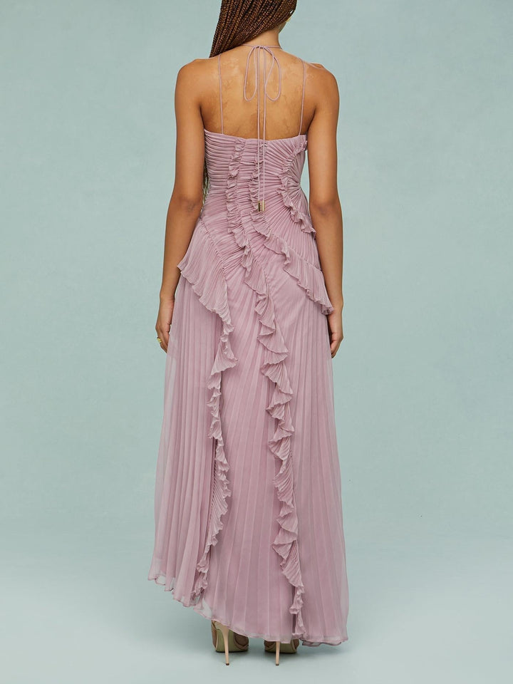 Robe Longue Plissée Femme avec Volants Asymétriques Élégants