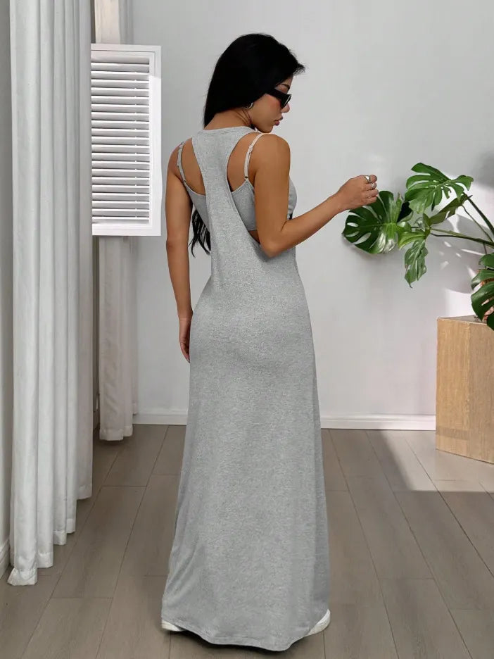 Robe longue femme effet deux pièces avec découpes latérales