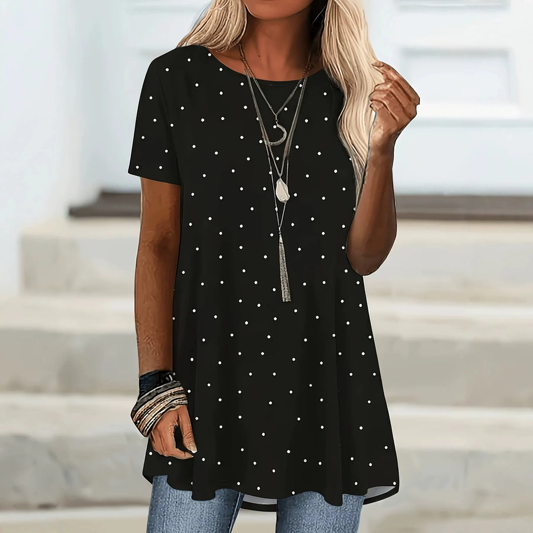Blouse femme à pois avec manches courtes et coupe évasée