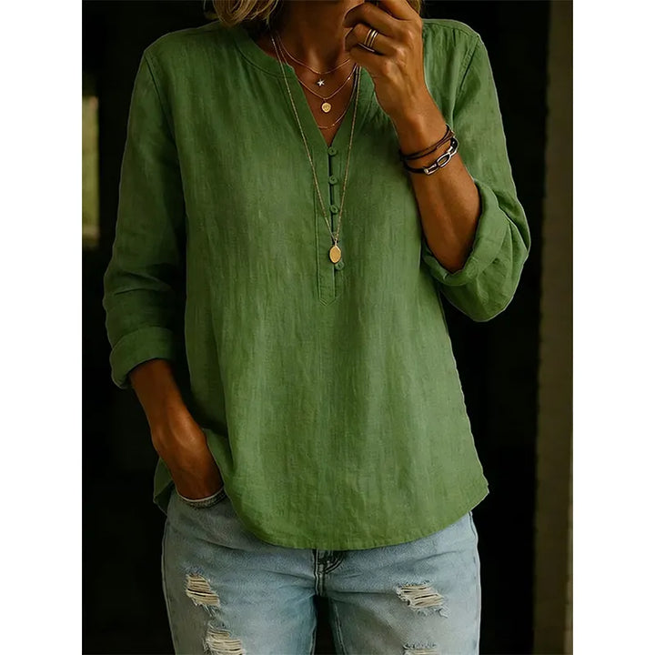 Chemise femme ample à col V avec boutons et manches retroussables