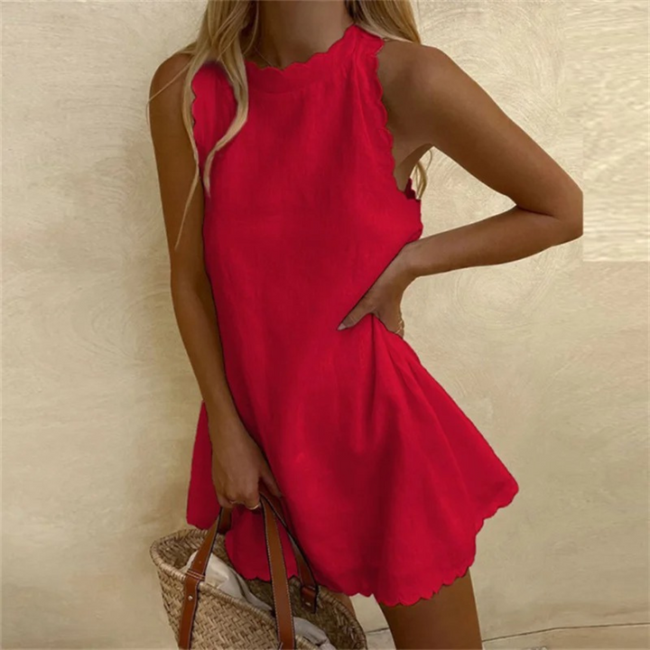 Robe courte femme en lin sans manches à finitions ondulées