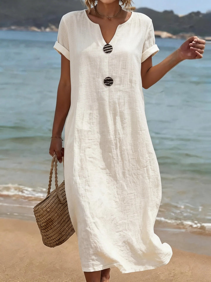 Robe longue femme ample à col fendu et boutons décoratifs