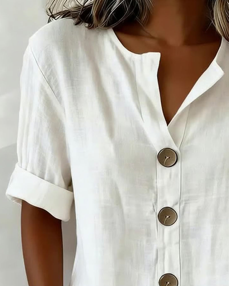 Blouse Femme Coton Ample Manches Courtes Boutonnée Coupe Décontractée