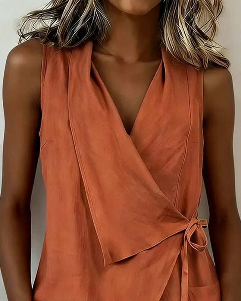 Haut Femme Asymétrique Sans Manches Effet Enveloppé Élégant