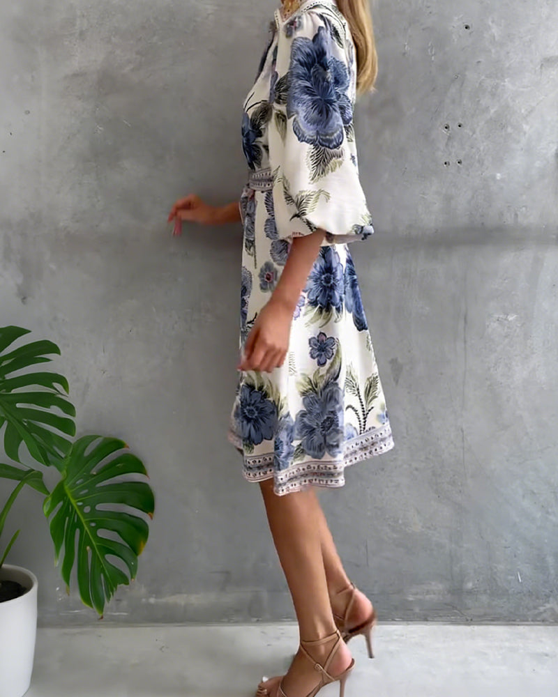 Robe Fleurie Élégante Femme à Manches Lanternes et Boutons