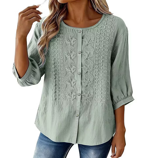 Blouse femme en coton et lin brodée à manches 3/4
