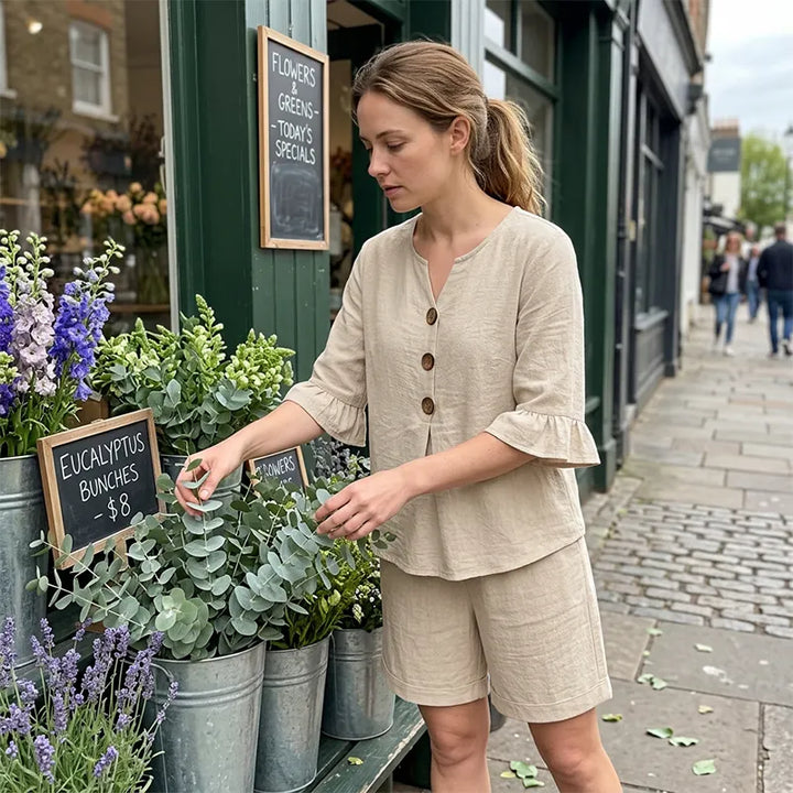 Ensemble femme en coton avec blouse à boutons et short