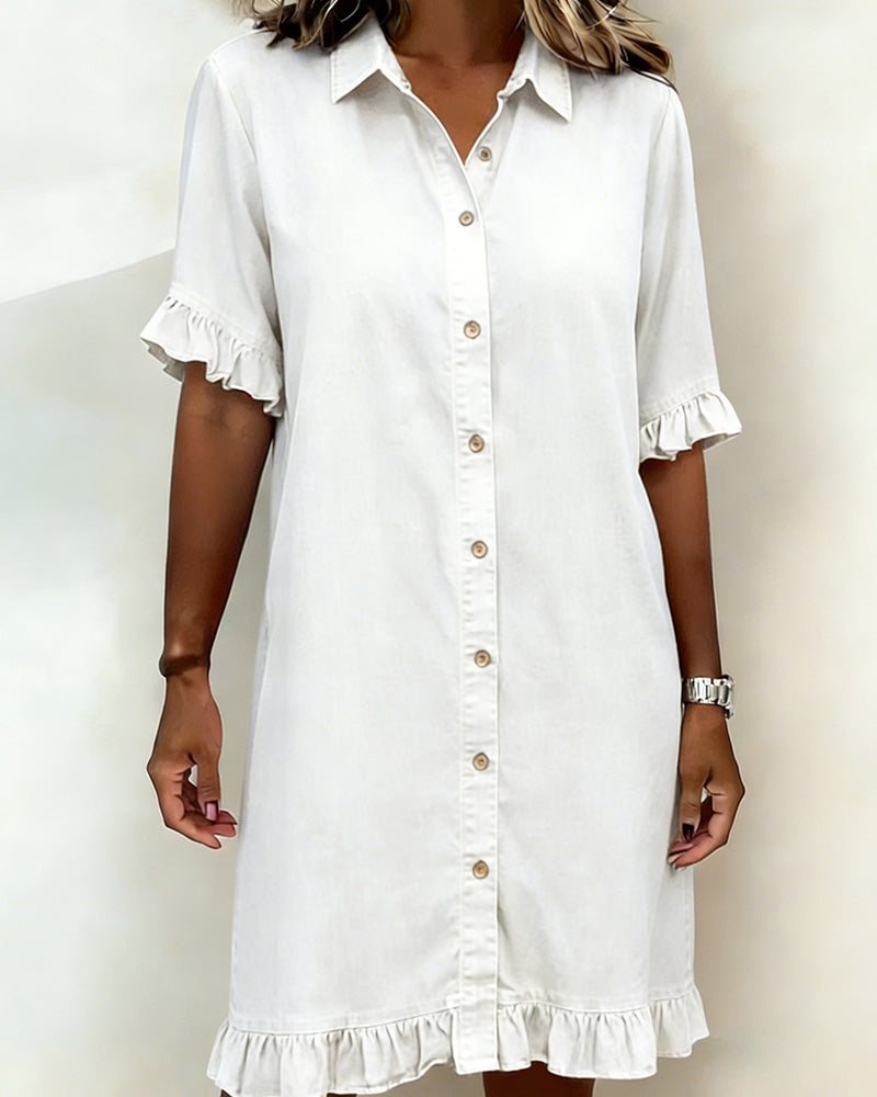 Robe femme en denim confortable avec boutons et détails volantés
