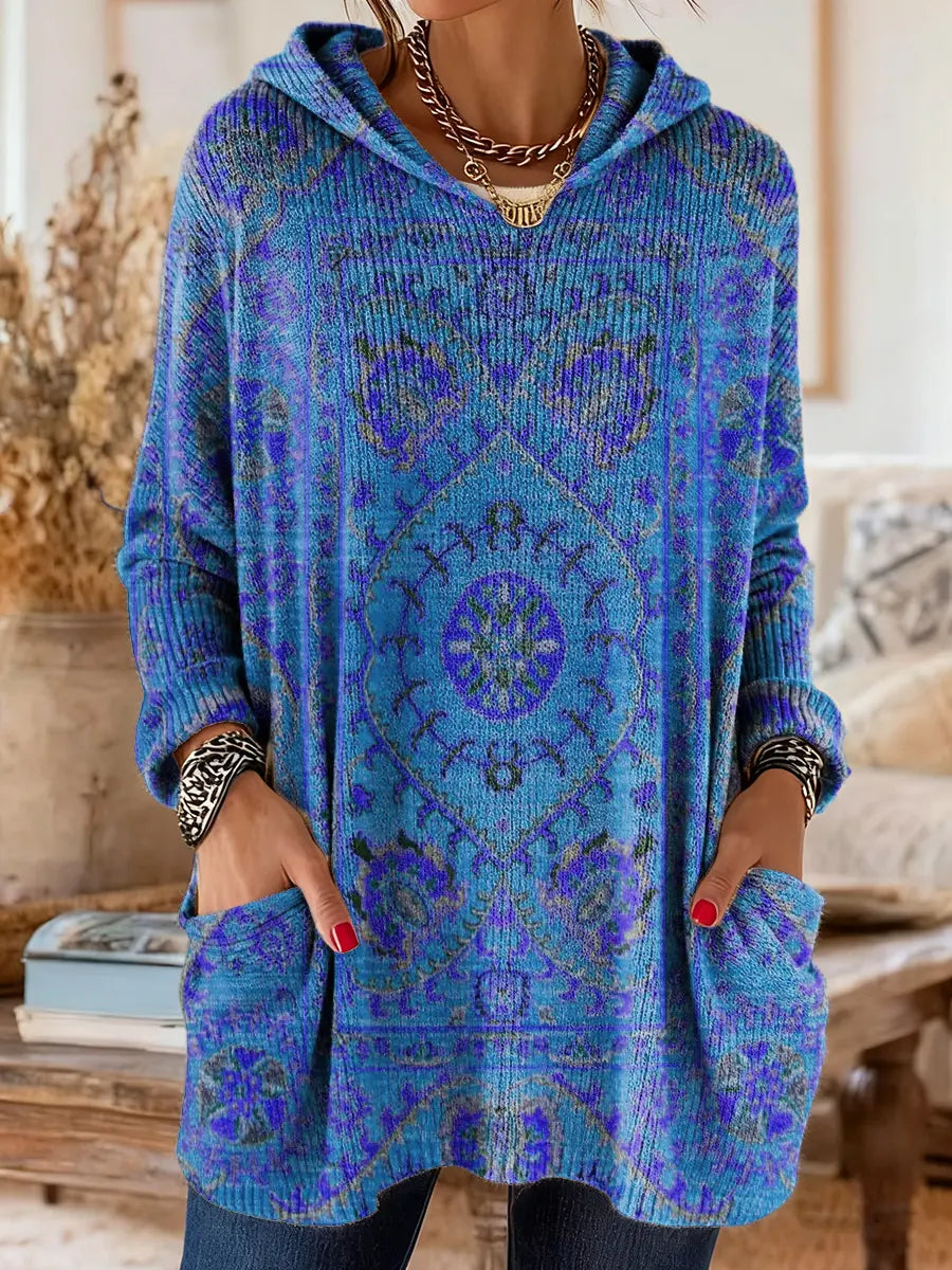 Tunique Femme Tricot à Capuche Style Rétro Ample Confortable Avec Poches