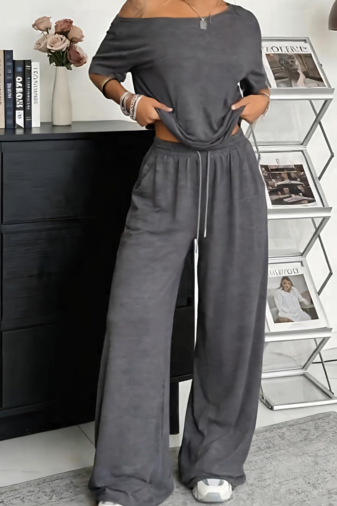 Ensemble Femme Décontracté Épaules Nues et Pantalon Large