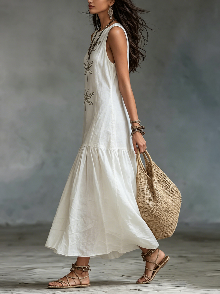 Robe longue femme en coton et lin avec broderie libellule