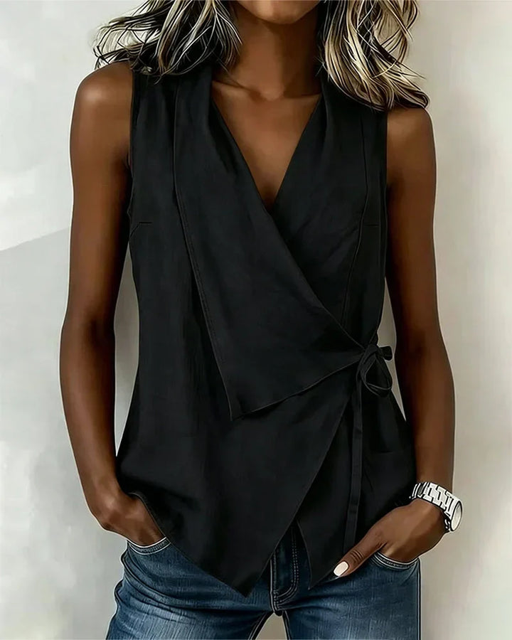 Haut Femme Asymétrique Sans Manches Effet Enveloppé Élégant