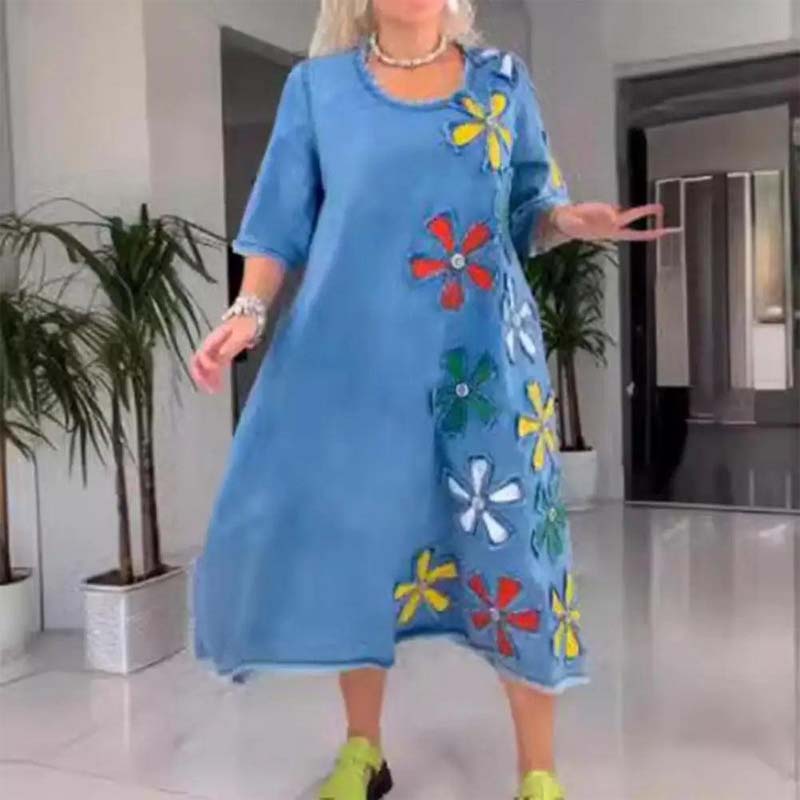 Robe Femme Décontractée Coupe Ample Col Rond Imprimé Floral Style Casual