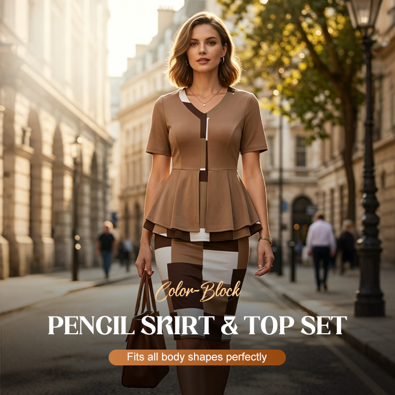 Ensemble Élégant Color Block avec Jupe Crayon et Top Raffiné