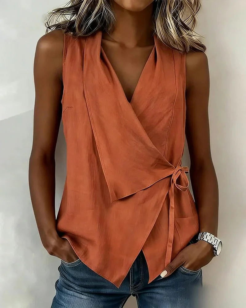 Haut Femme Asymétrique Sans Manches Effet Enveloppé Élégant