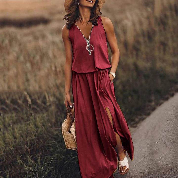 Robe Longue Femme Fluide Col V Zippé Coupe Ample Fendue Été