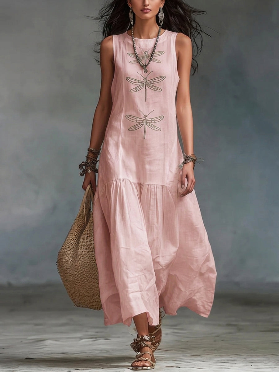 Robe longue femme en coton et lin avec broderie libellule