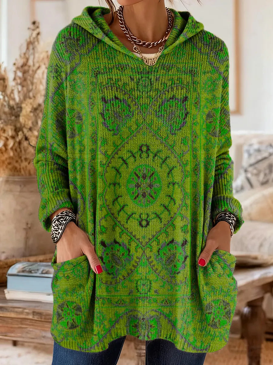 Tunique Femme Tricot à Capuche Style Rétro Ample Confortable Avec Poches
