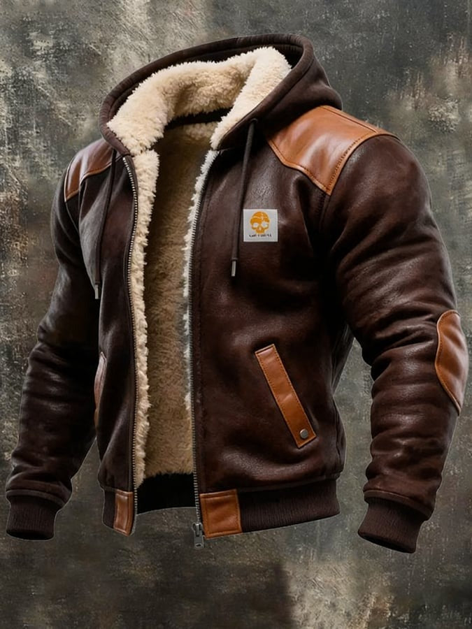 Veste Homme Vintage en Daim et Cuir avec Capuche | Veste Chaude d’Hiver Style Rétro