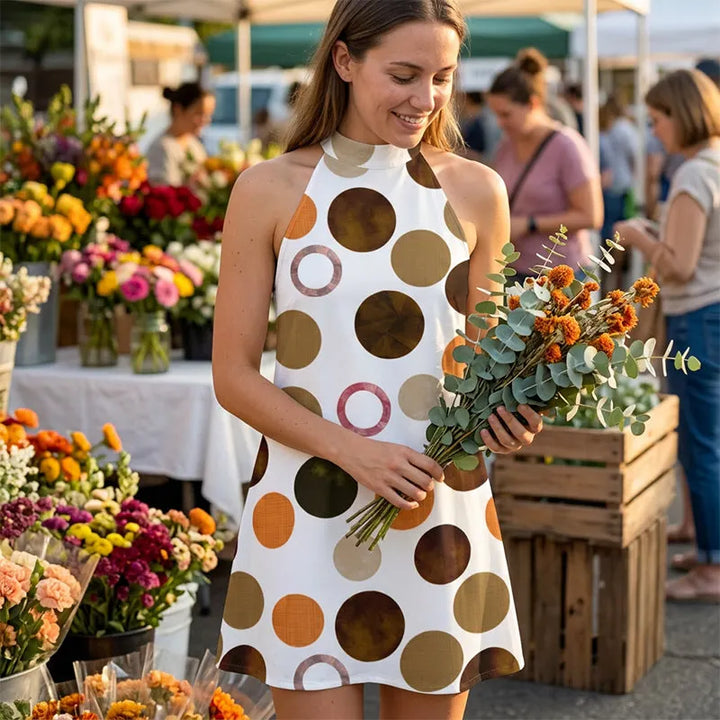 Robe courte femme à pois graphiques et col halter