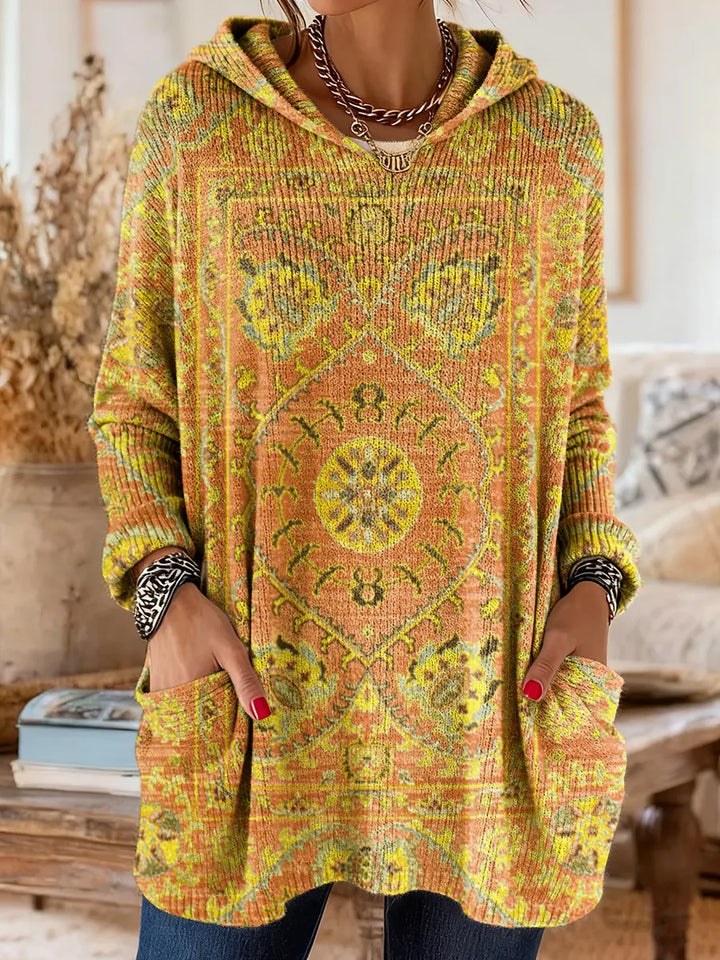 Tunique Femme Tricot à Capuche Style Rétro Ample Confortable Avec Poches