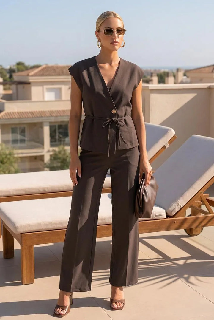 Ensemble femme avec gilet sans manches et pantalon palazzo