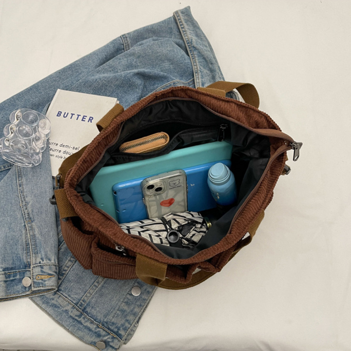 Sac en velours côtelé spacieux avec bandoulière – Élégant et pratique pour le quotidien