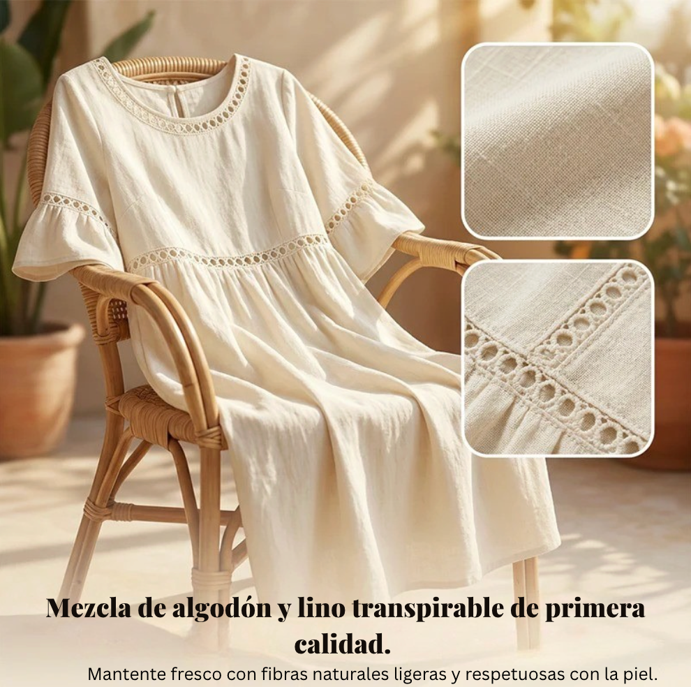 Robe Femme Mi-Longue Lin Col Rond Ajouré Manches Volants Coupe Empire