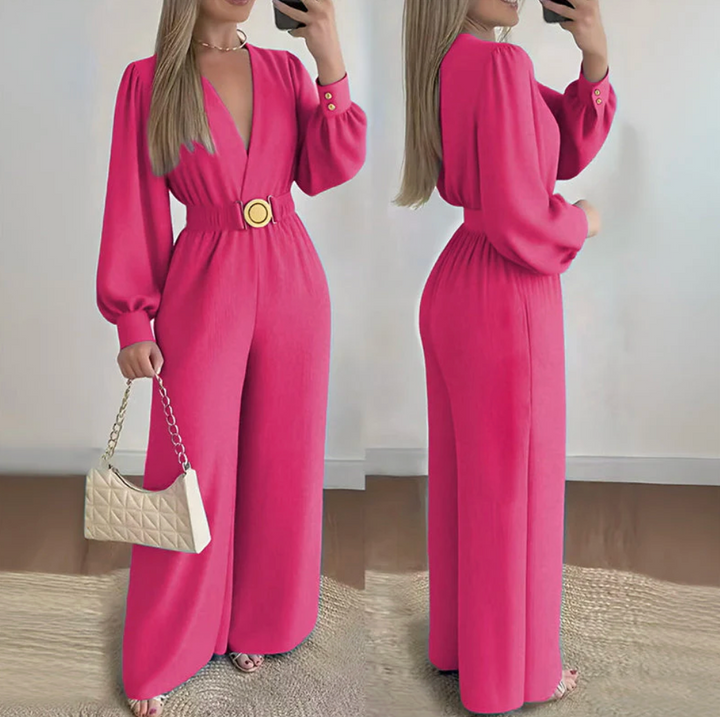 Combinaison Femme Col V Manches Bouffantes Ceinture Dorée