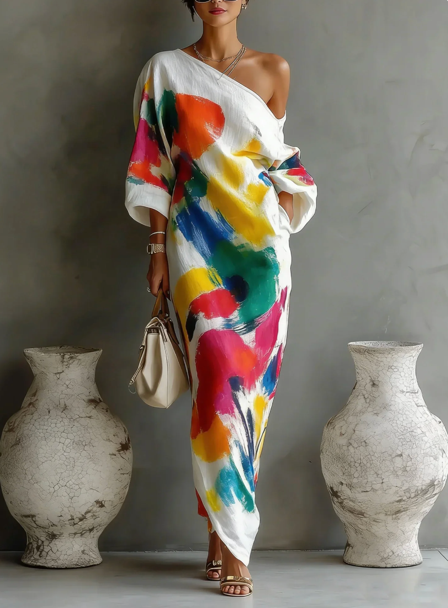 Robe Maxi Asymétrique Artistique à Une Épaule pour Femmes