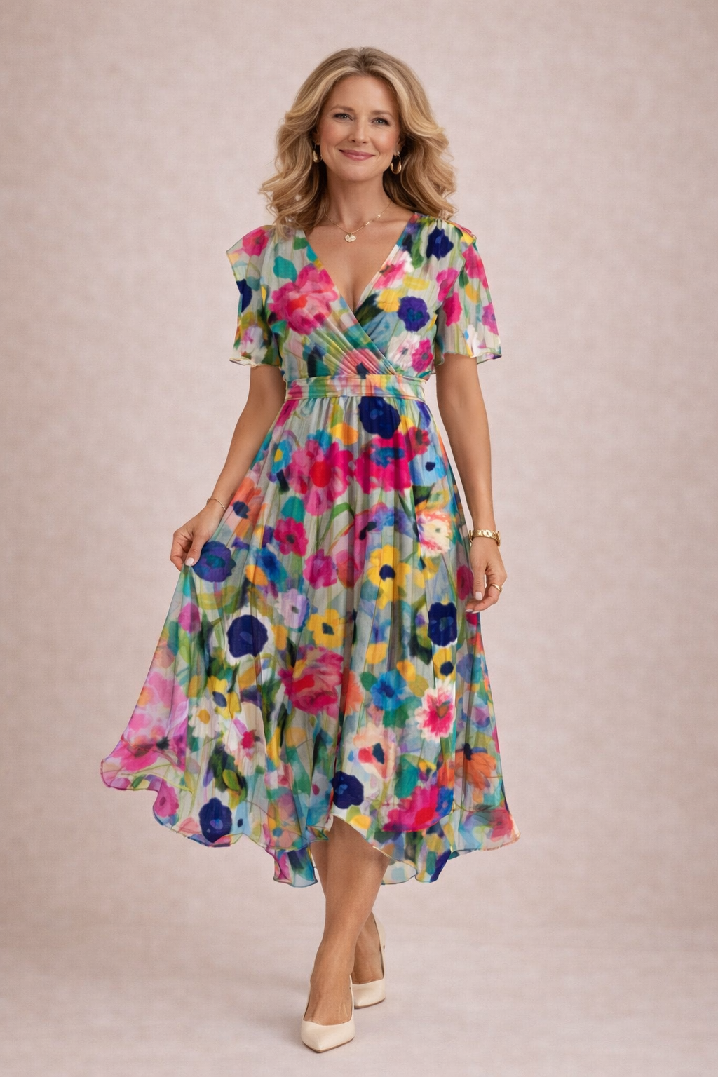 Robe Midi Femme Fluide Florale en Chiffon Col V pour Style Élégant et Léger Été