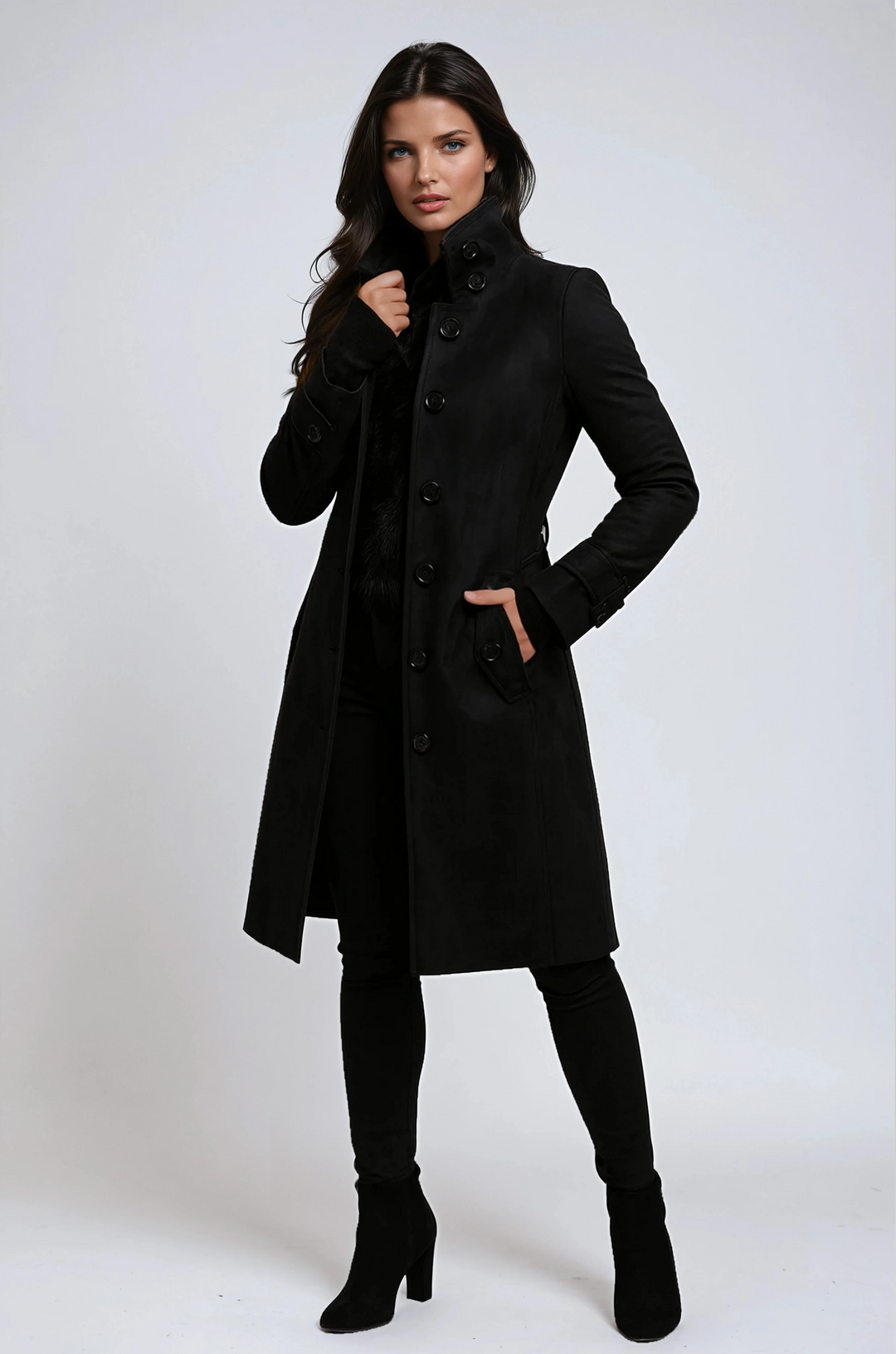 Manteau long femme élégant avec col montant – style moderne et chic