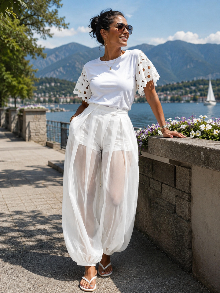 Pantalon femme transparent en mesh avec short intégré