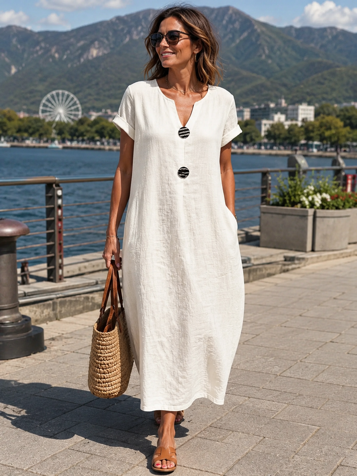 Robe longue femme ample à col fendu et boutons décoratifs