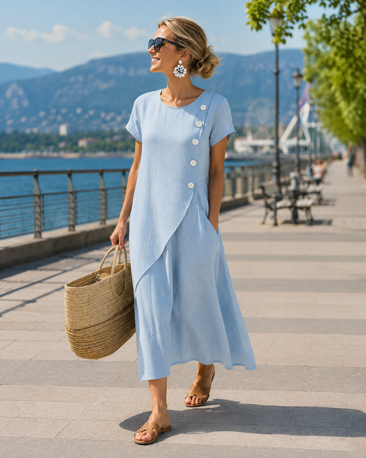 Robe midi femme en coton-lin avec boutons asymétriques