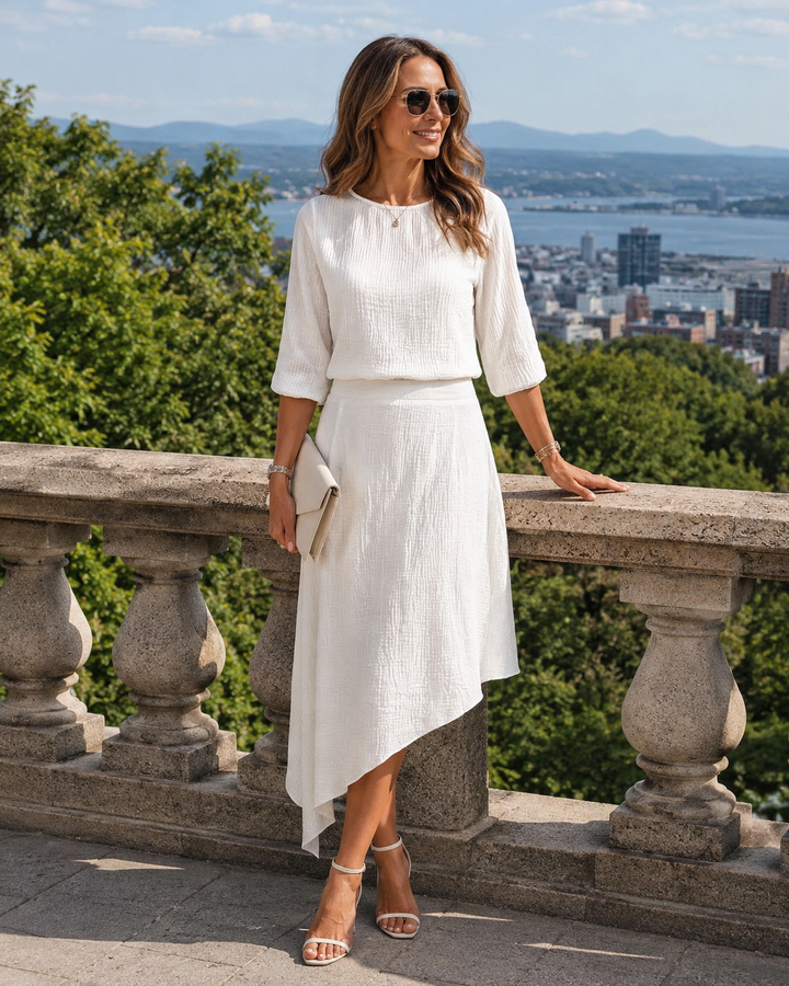 Ensemble deux pièces femme avec jupe asymétrique fluide