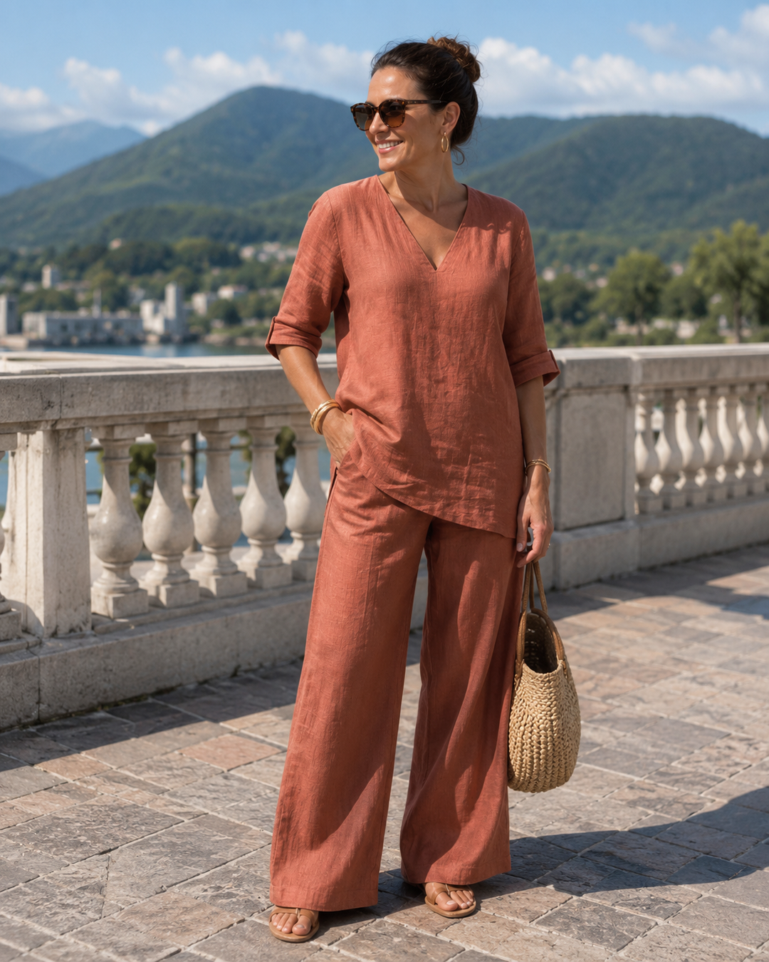 Ensemble femme en coton et lin avec haut col V et pantalon ample