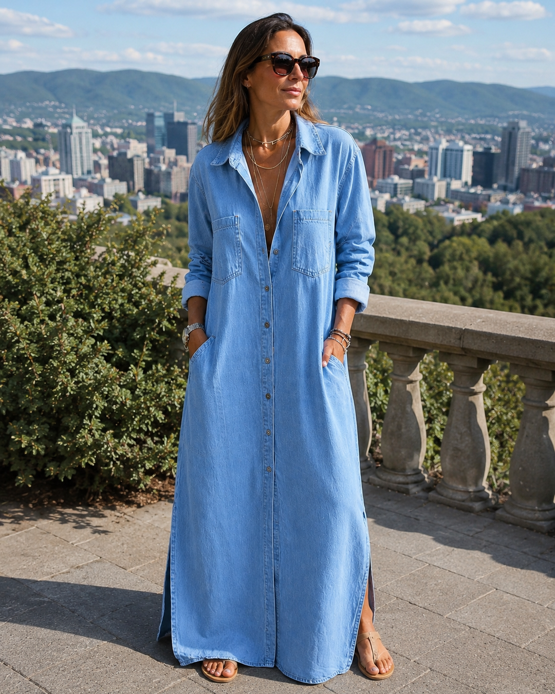 Robe chemise femme longue en denim léger avec boutons