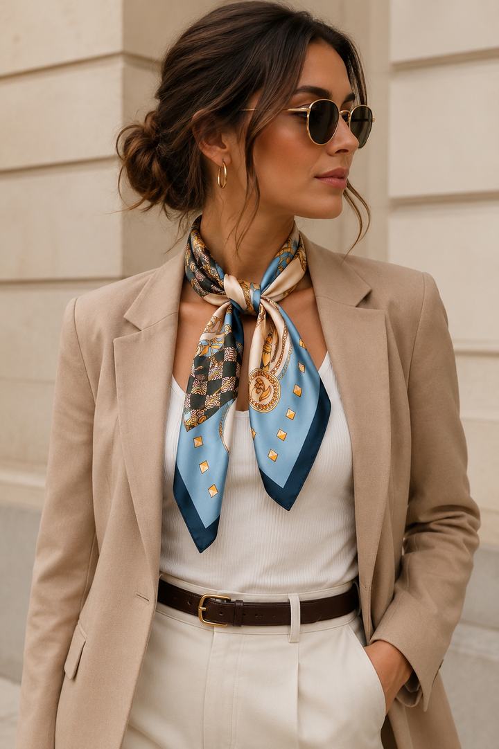 Foulard carré femme en satin imprimé pour cheveux et sac